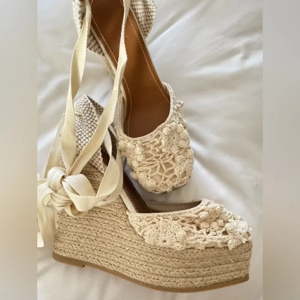 Polo Ralph Lauren Cream Macrame Wedge Espadrille